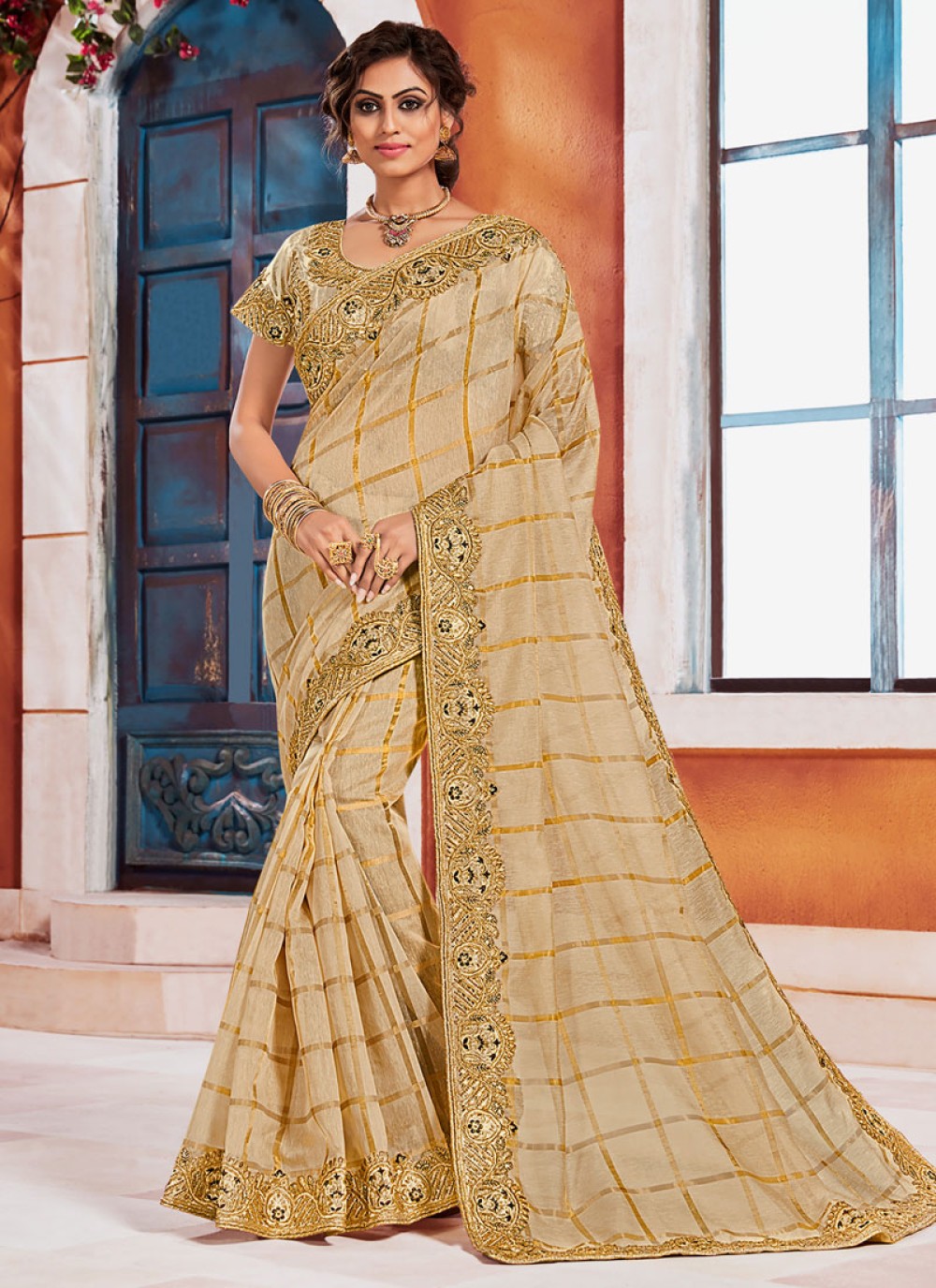 Ethnic Designer Wear Traditional Pink Beige Golden Silk Saree | Sari