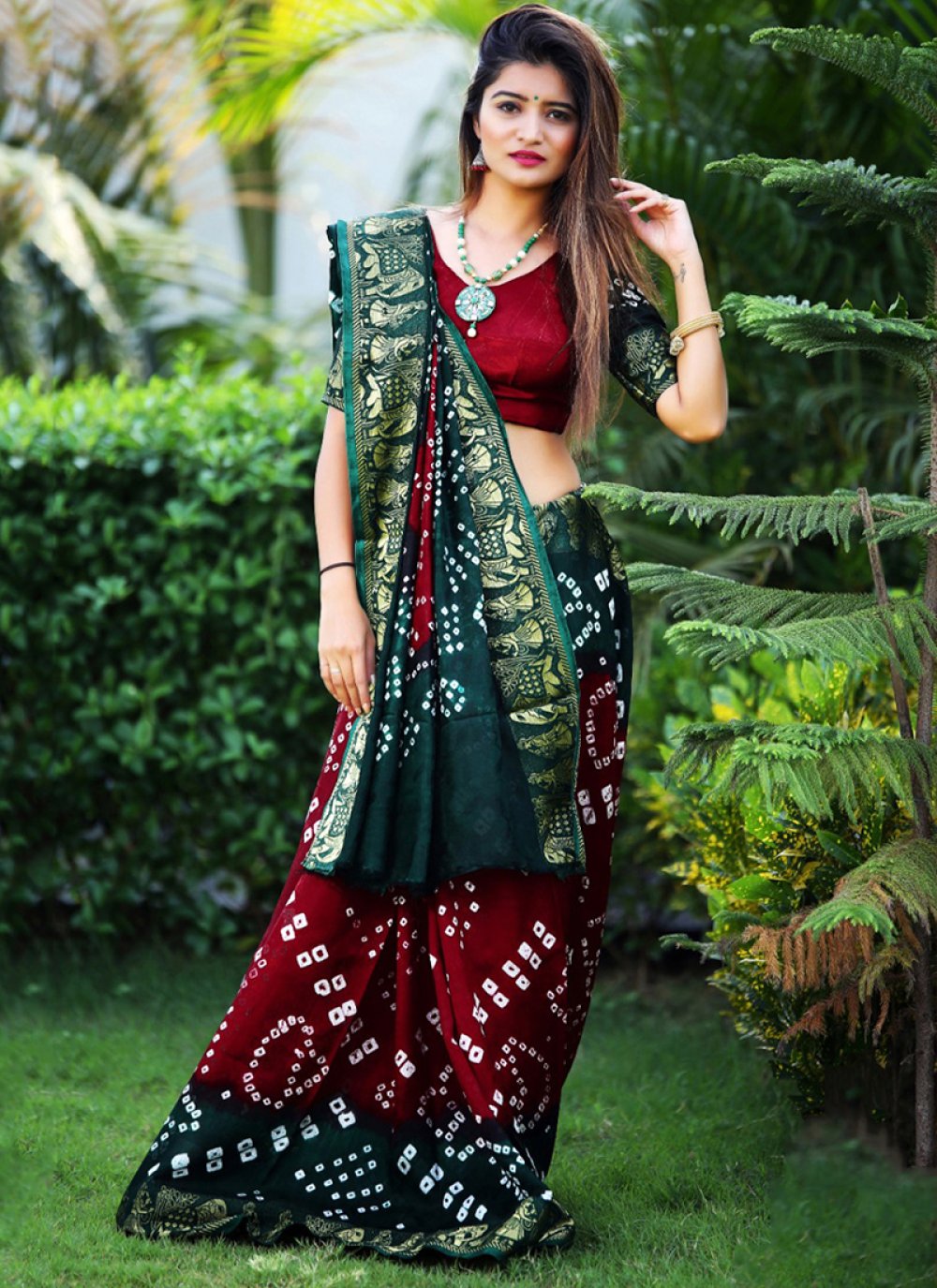 Bright maroon Silk Saree with Kelly Green contrast blouse - Pramo Clothing