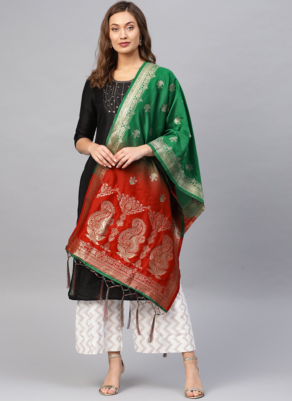 green gown with red dupatta
