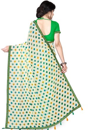 Green and White Printed Casual Saree