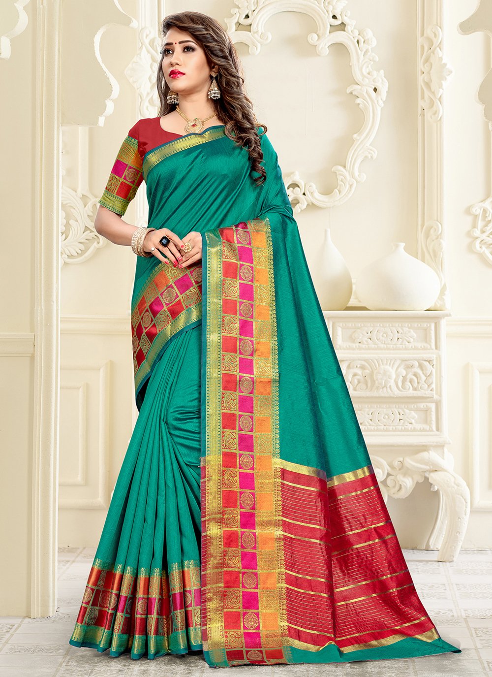 Cream Embroidered Border Engagement Saree In Silk