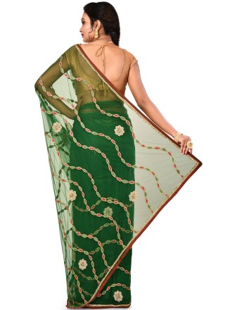 Green Embroidered Mehndi Designer Saree