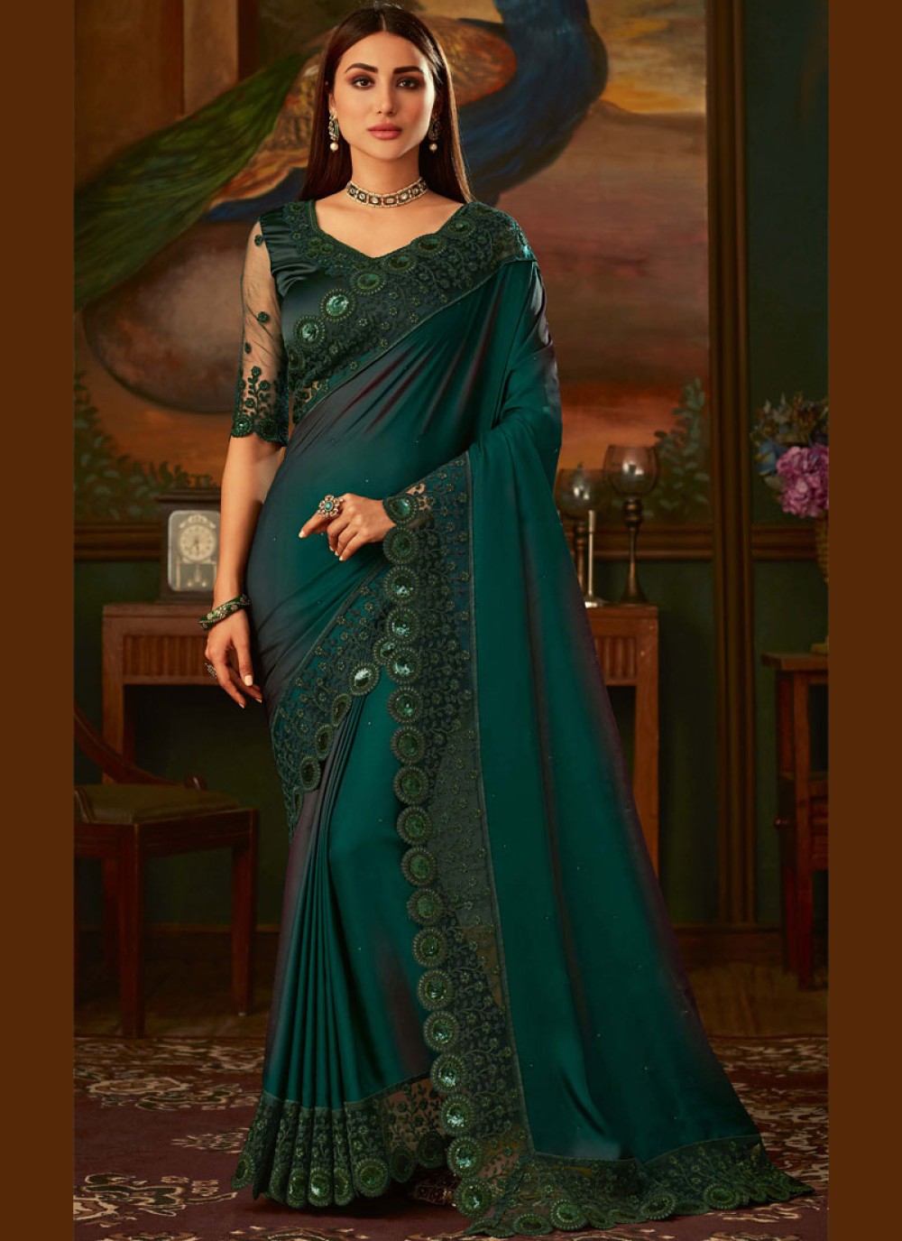 Green Party Classic Designer Saree - GREEN SAREE LOOK FOR PARTY