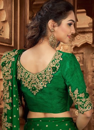 Green Satin Embroidered Designer Saree
