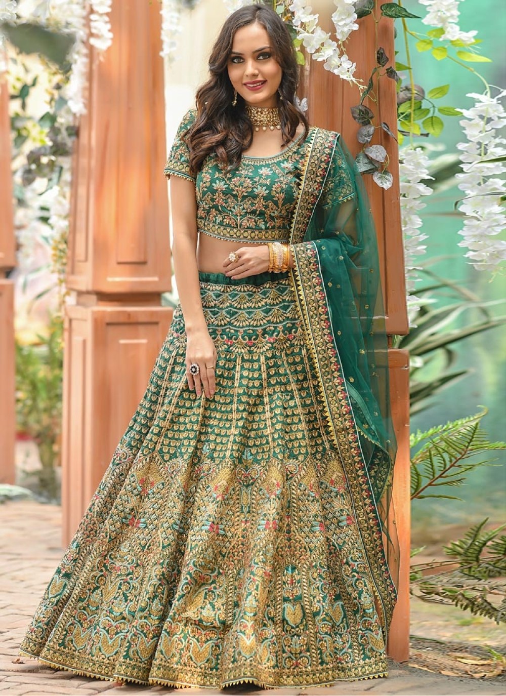 green silk resham lehenga choli 147594