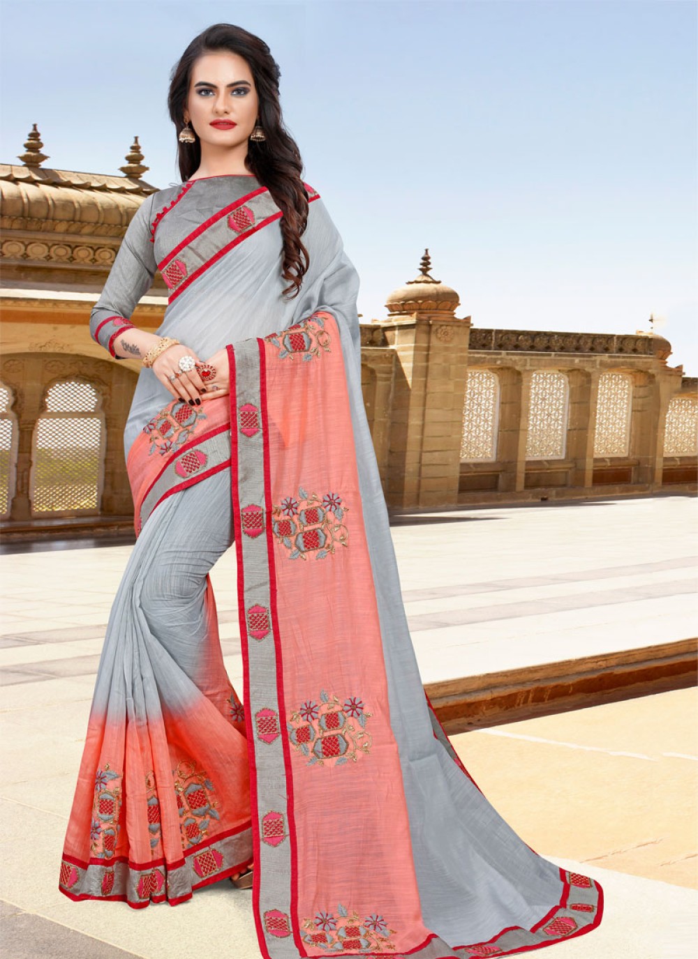 Grey and Pink Cotton Party Classic Saree