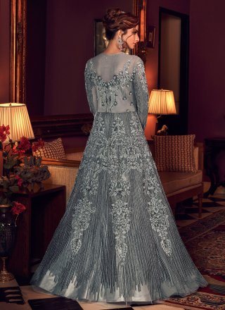 Grey Engagement Net Trendy Long Length Anarkali Suit
