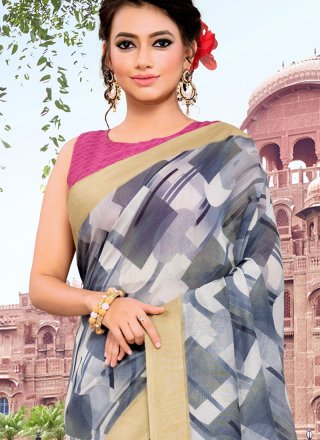 Grey Floral Print Mehndi Classic Saree
