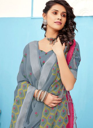 Grey Linen Embroidered Classic Saree
