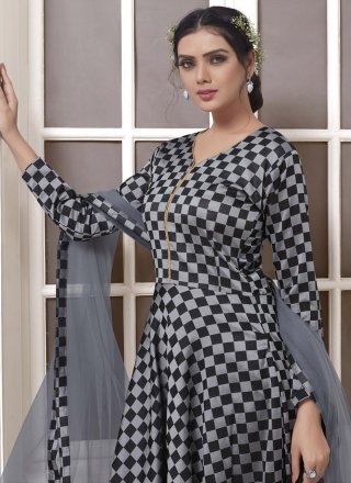 Grey Printed Tafeta Silk Trendy Anarkali Suit