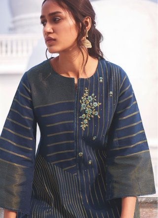 Handloom Cotton Embroidered Casual Kurti in Blue