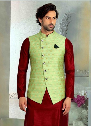 Jacquard Green Weaving Nehru Jackets
