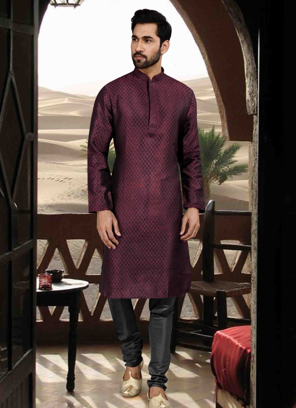 Buy Jacquard Purple Printed Kurta Pyjama Online 158153