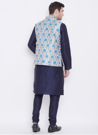 Kurta Payjama With Jacket Plain Art Silk in Navy Blue