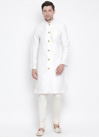 Kurta Pyjama Plain Art Banarasi Silk in White
