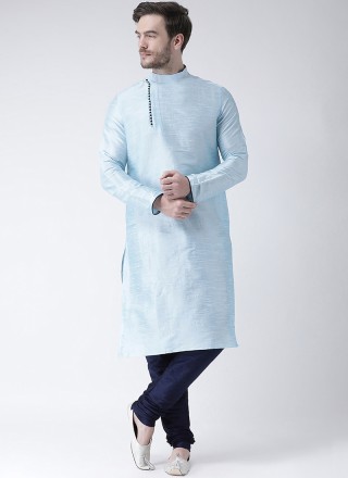 Kurta Pyjama Plain Art Dupion Silk in Blue