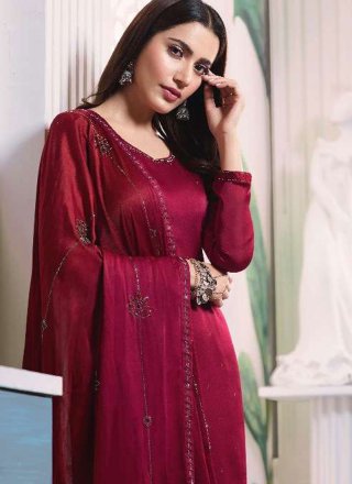 Magenta Embroidered Georgette Satin Trendy Churidar Salwar Suit
