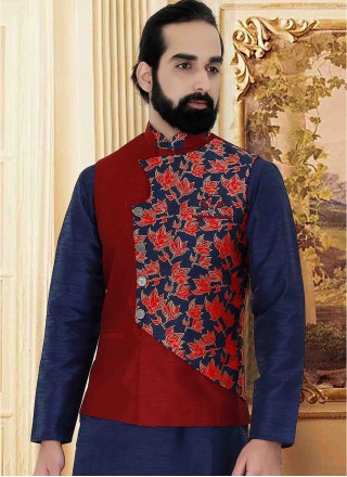 Maroon and Navy Blue Weaving Art Silk Nehru Jackets