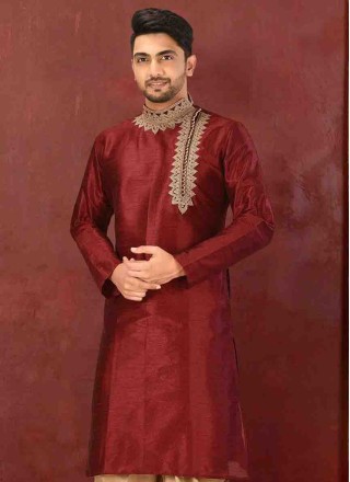 Maroon Art Dupion Silk Embroidered Kurta