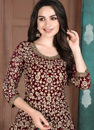 Maroon Embroidered Faux Georgette Salwar Suit