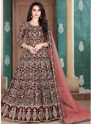 Maroon Embroidered Faux Georgette Salwar Suit