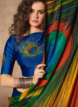 Multi Colour Digital Print Silk Saree