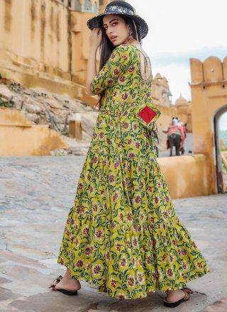 Multi Colour Printed Muslin Readymade Designer Gown