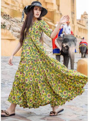 Multi Colour Printed Muslin Readymade Designer Gown