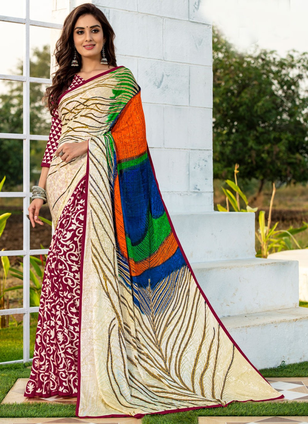 Multi Colour Printed Saree With Sequins Work and Blouse Piece. - VALAM  PRINTS - 4107114