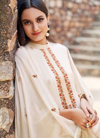 Muslin Embroidered Trendy Salwar Suit in Off White