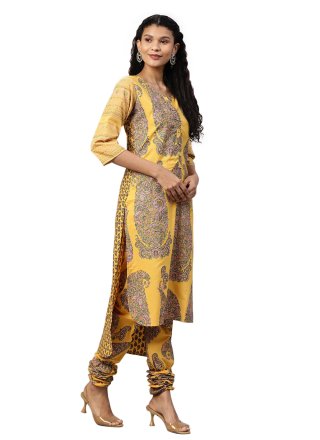 Mustard Printed Party Churidar Salwar Suit