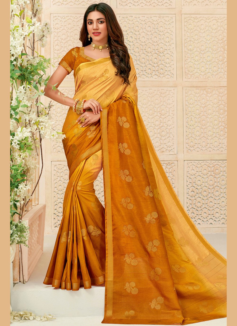 Buy Online Mustard Raw Silk Bollywood Saree 167326