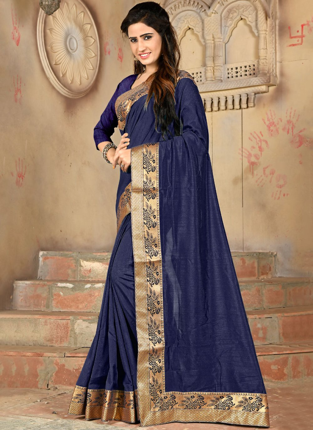 Navy Blue and Yellow Color Designer Saree