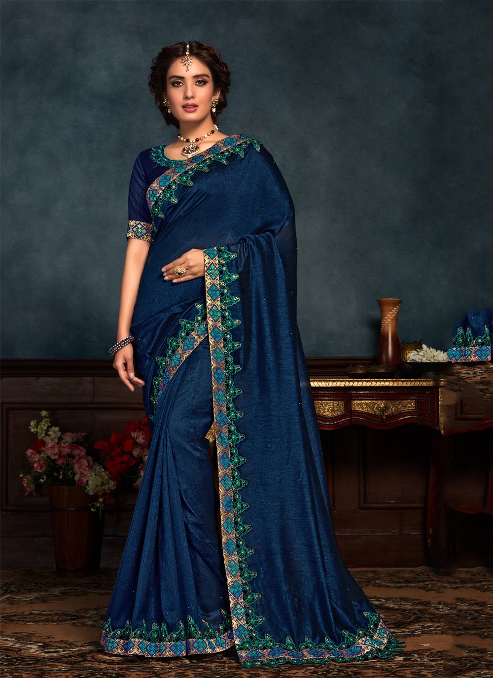 blue saree traditional look