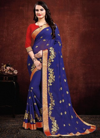 Navy Blue Embroidered Georgette Contemporary Saree