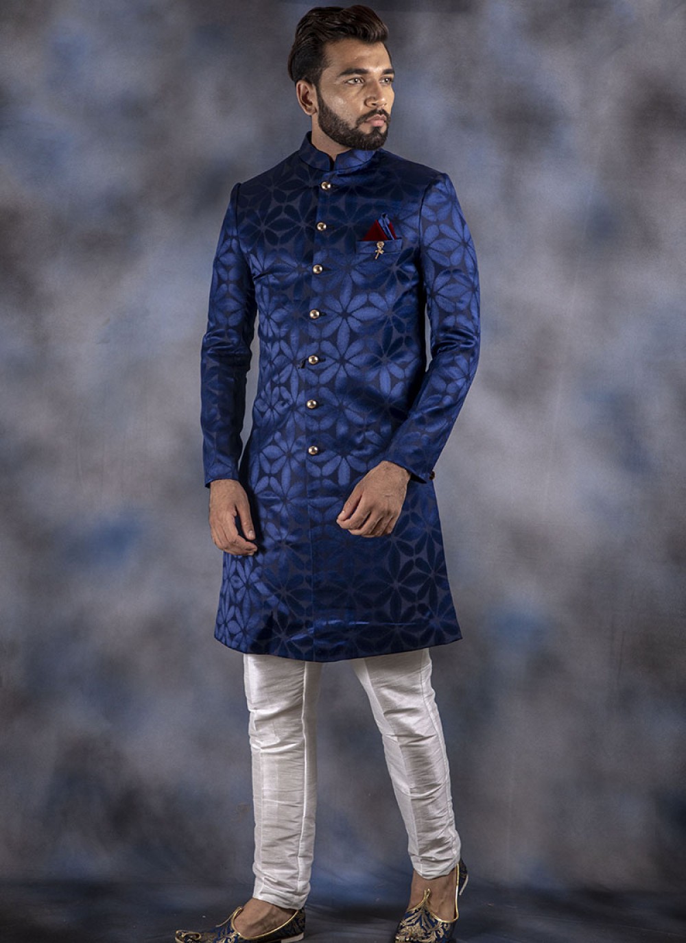 Buy Navy Blue Jacquard Mehndi Indo Western Online : 140134