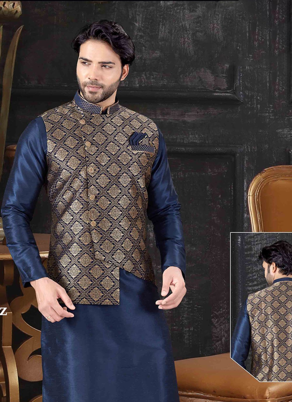 Shop Online Navy Blue Jacquard Party Nehru Jackets 145382