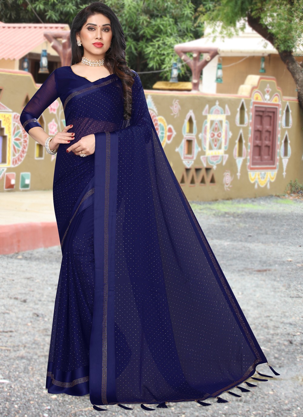 Buy Navy Blue Swarovski Satin Designer Saree - Koskii