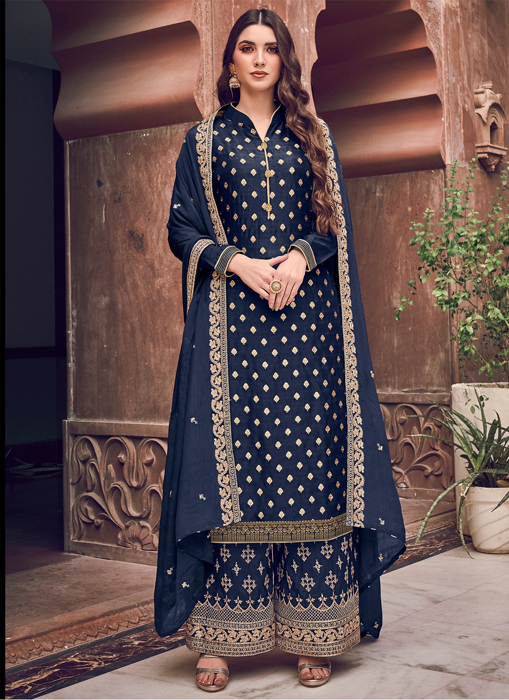 Buy Navy Blue Silk Trendy Palazzo Salwar Suit Online : 161891 -
