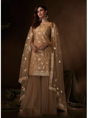 Net Brown Embroidered Designer Salwar Kameez