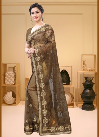 Net Brown Embroidered Traditional Saree