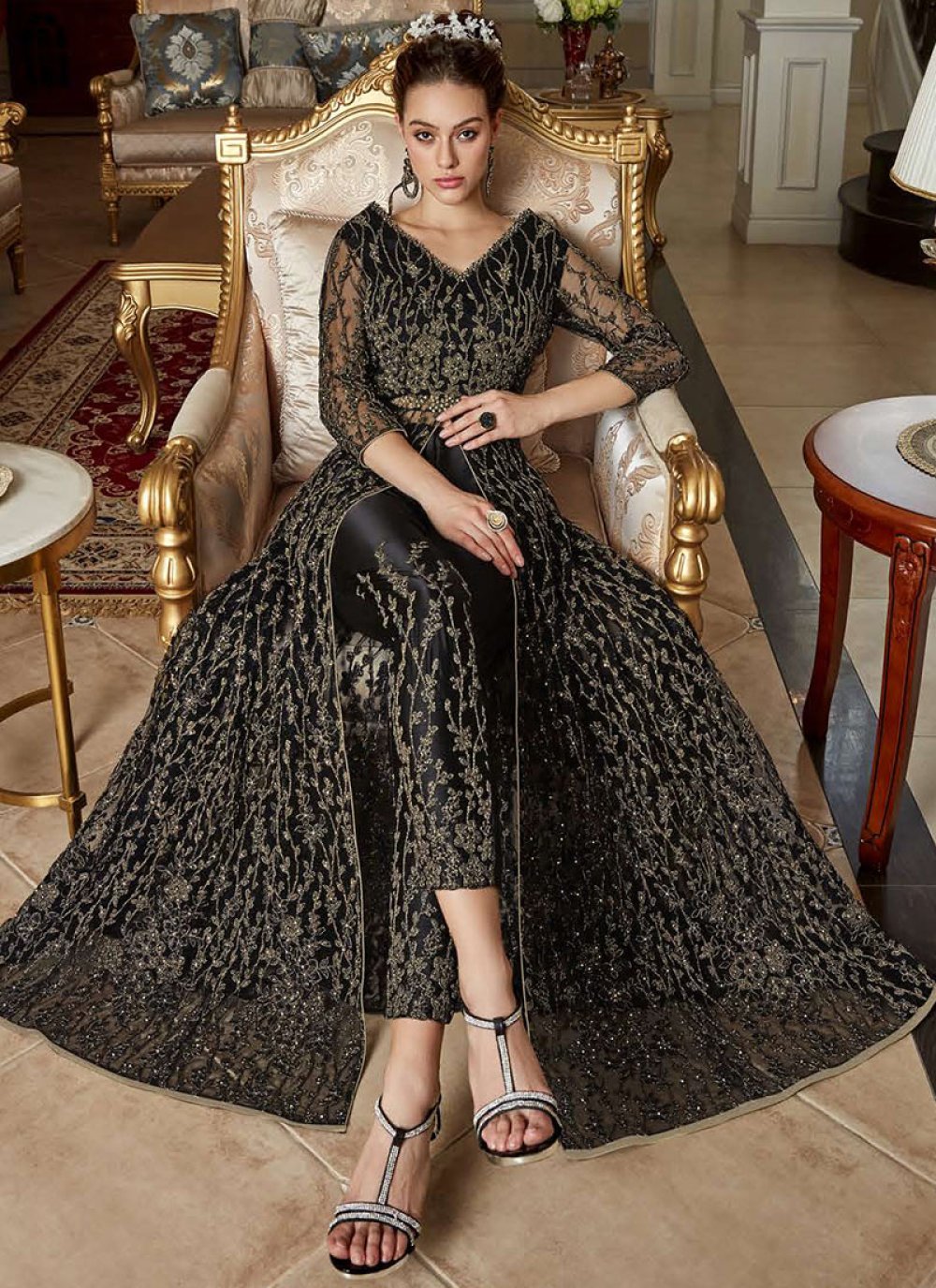 Net Embroidered Black Pant Style Suit