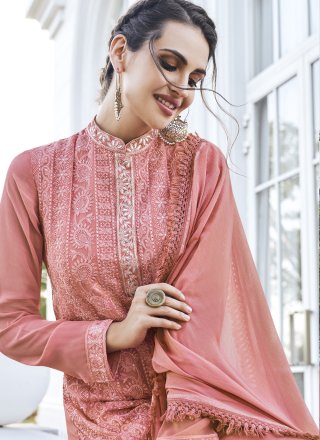 Net Embroidered Peach Palazzo Straight Suit