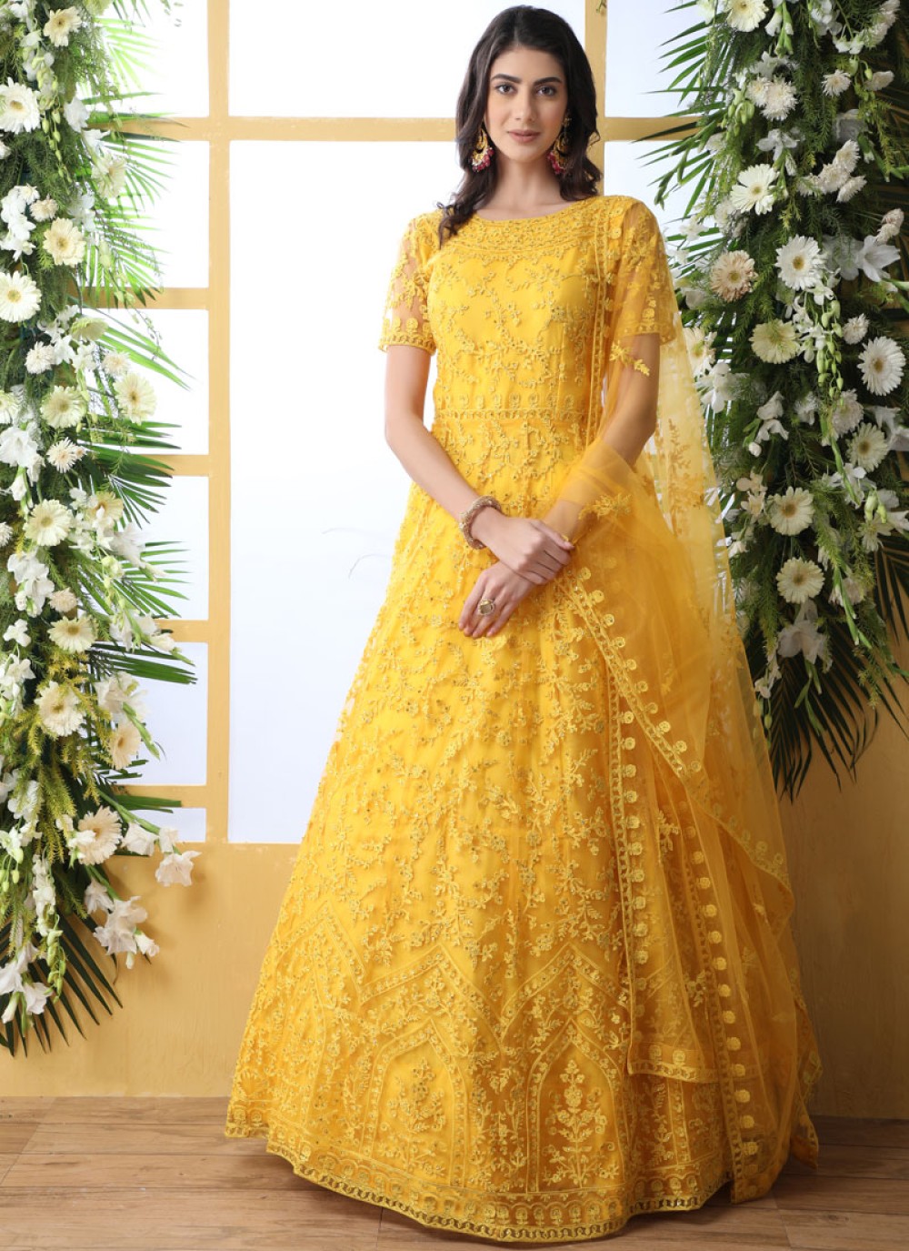 Net Embroidered Yellow Designer Gown
