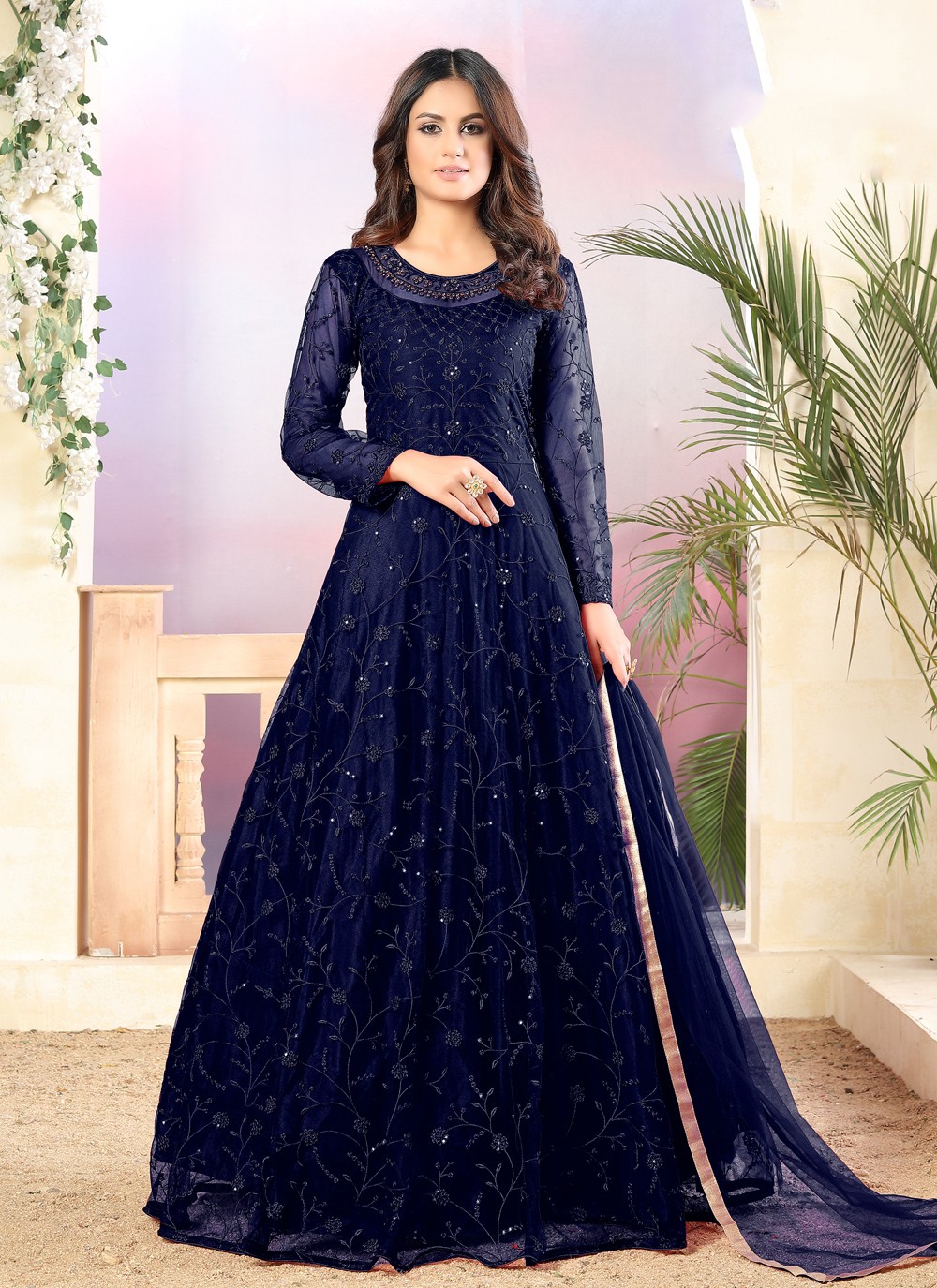 Net Floor Length Anarkali Salwar Suit in Navy Blue