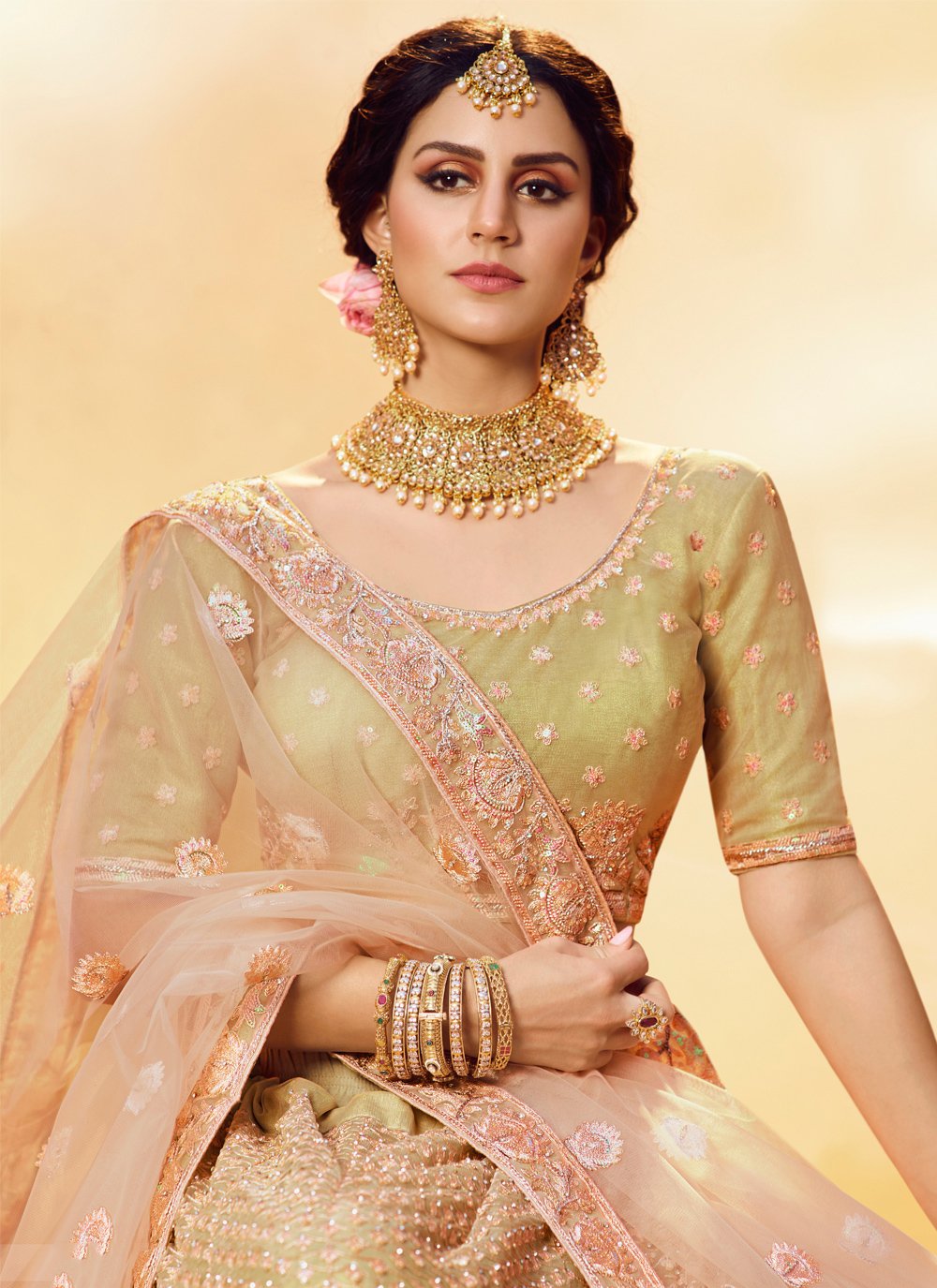 golden net lehenga choli