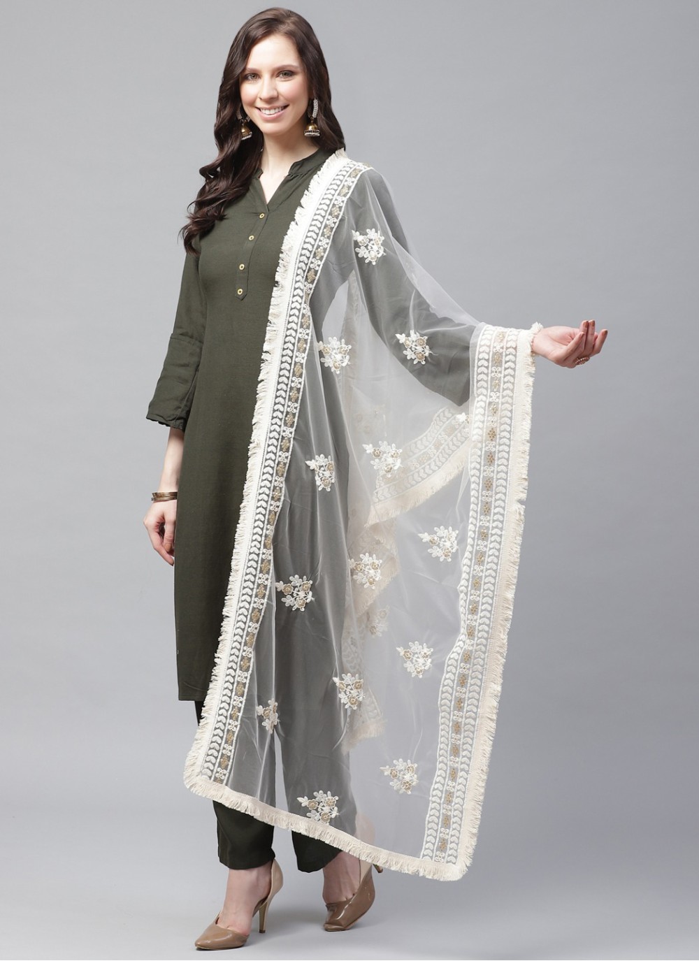 Net Off White Embroidered Designer Dupatta buy online