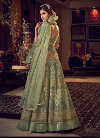 Net Resham Green Long Length Designer Anarkali Suit