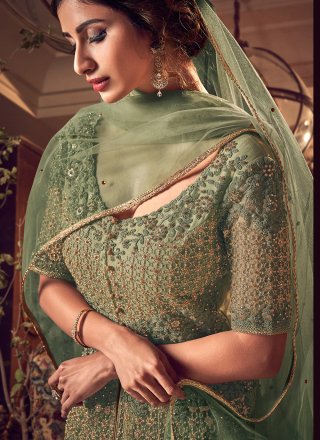 Net Resham Green Long Length Designer Anarkali Suit