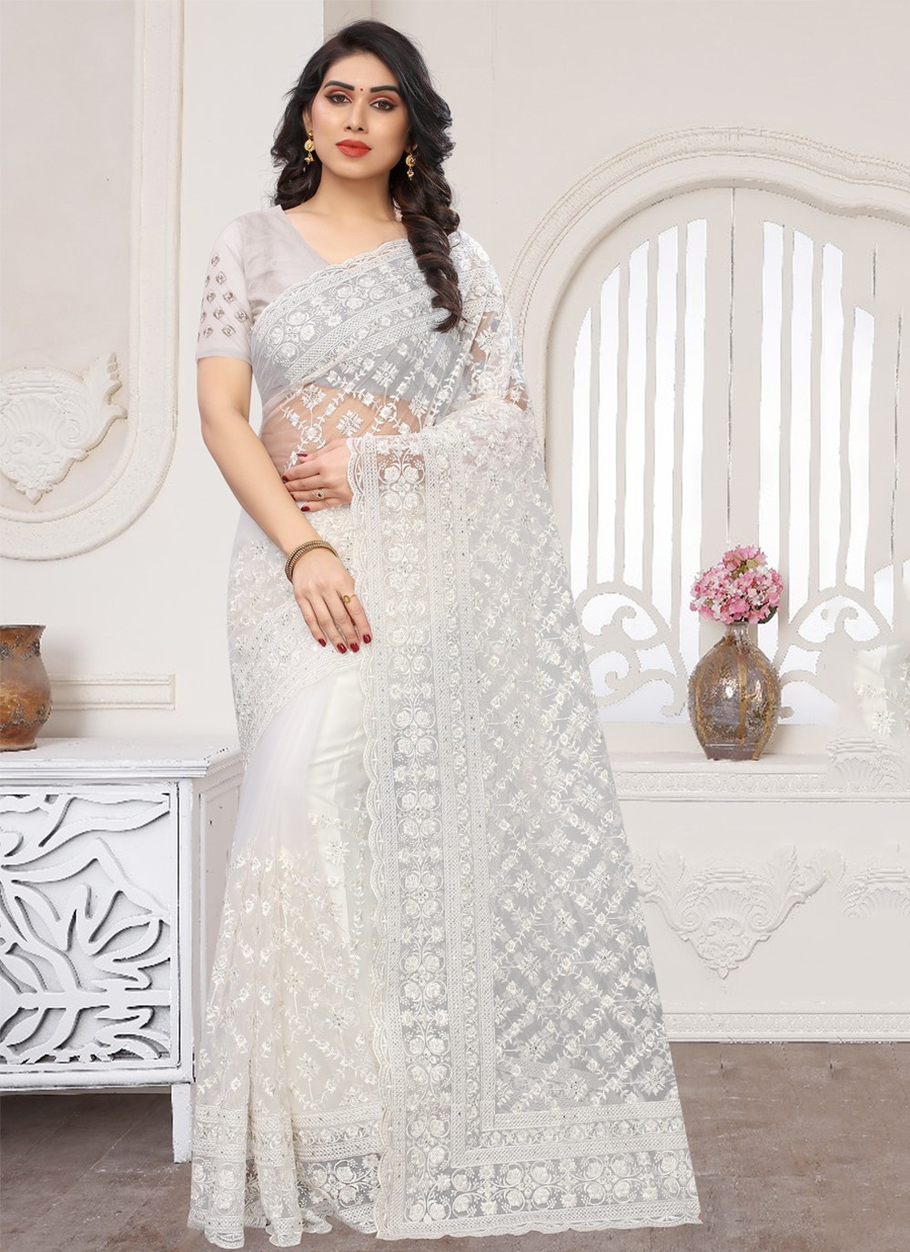 Net White Traditional Designer Saree ...